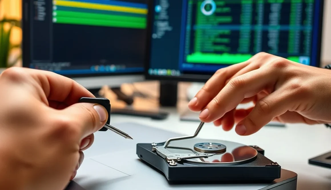 cek kesehatan hardisk - Teknisi memeriksa kesehatan hardisk laptop menggunakan software CrystalDiskInfo di Windows 11
