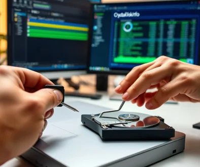 cek kesehatan hardisk - Teknisi memeriksa kesehatan hardisk laptop menggunakan software CrystalDiskInfo di Windows 11