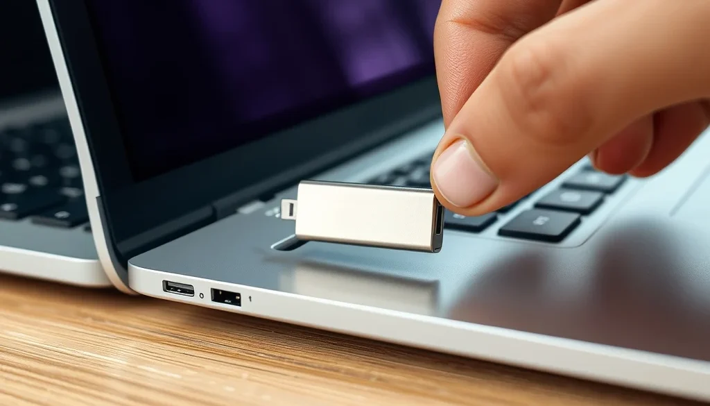 Seseorang sedang menancapkan USB flash drive ke port laptop untuk mencoba cara memperbaiki flashdisk tidak terbaca