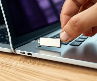Seseorang sedang menancapkan USB flash drive ke port laptop untuk mencoba cara memperbaiki flashdisk tidak terbaca